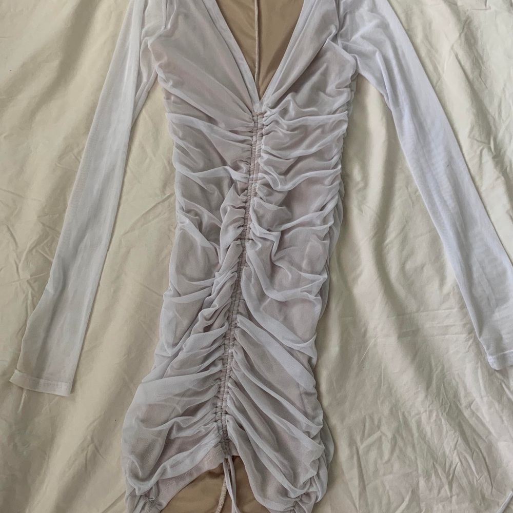 Fashion Nova white ruched dress.